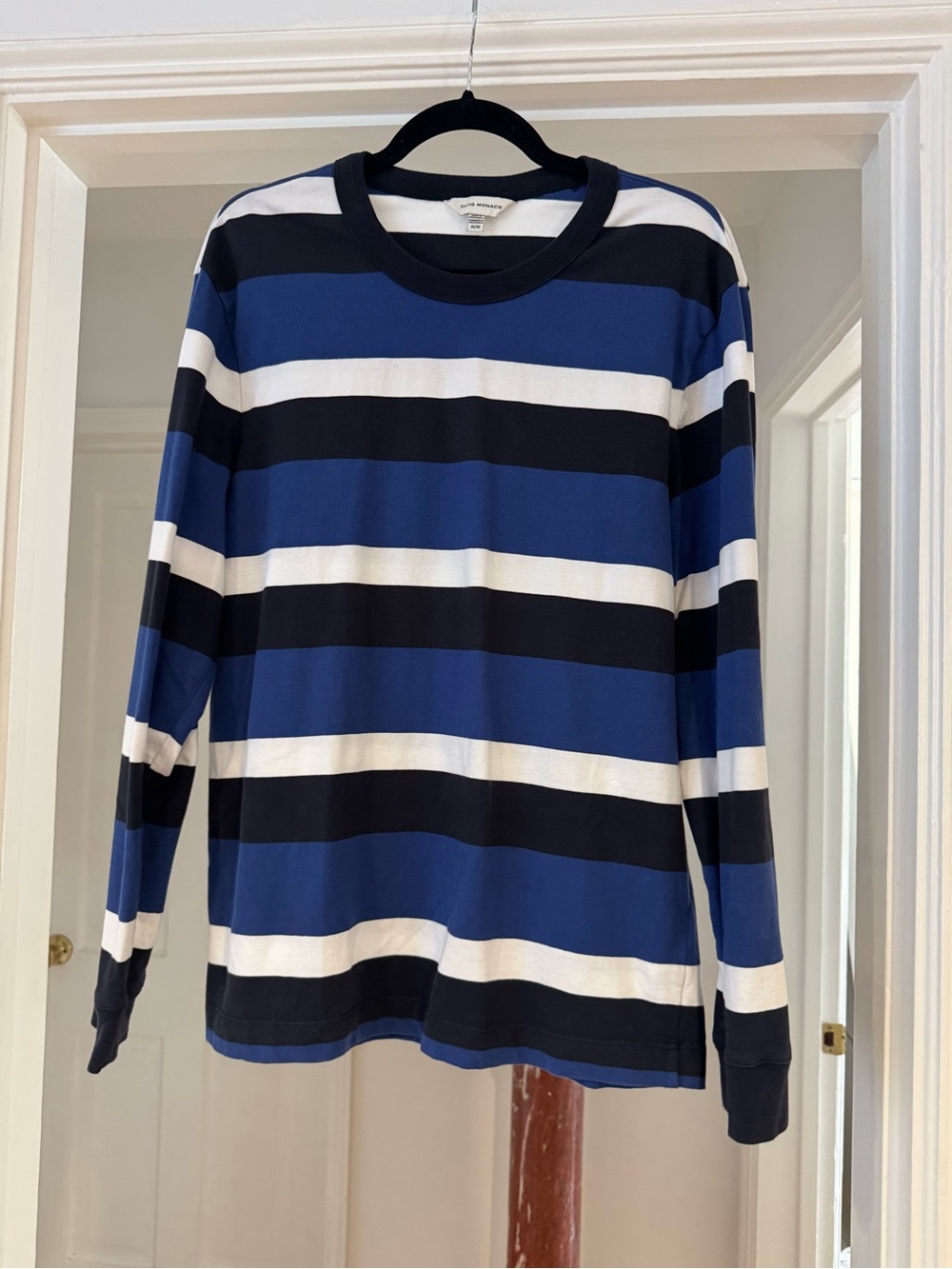 Club Monaco - Blue, Black & White Striped Crewneck Long Sleeve Cotton Tee